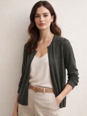 Ann Taylor Linen Cardigan Green Grey Open Front Lightweight Screen Worn The Boys